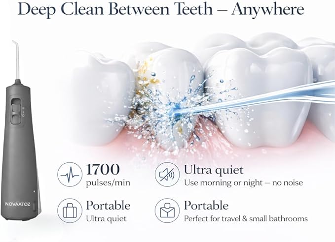 NOVAATOZ HydroAdvance Cordless Water Flosser for Teeth & Gums | Rechargeable Portable Oral Irrigator for Braces & Travel | Pulse Cleaning with 2 Flossing Tips | Waterproof Dental Care Device (Gray)