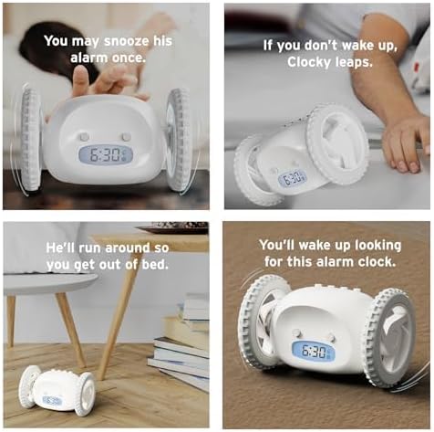 CLOCKY Alarm Clock on Wheels – Loud Rolling Alarm Clock for Heavy Sleepers | Runaway Clock That Jumps & Runs to Wake You Up | Funny Unique Gift for Adults & Teens (White)