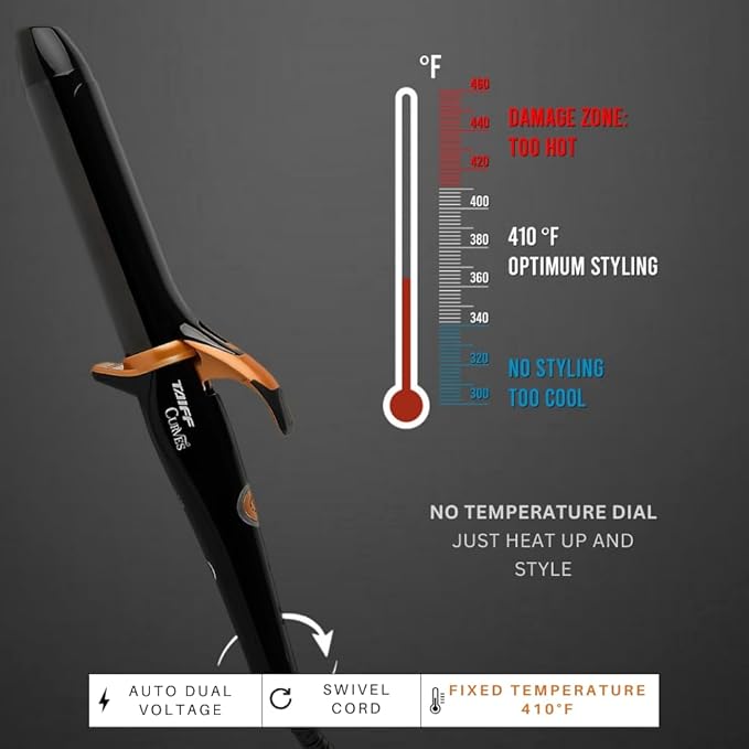 TAIFF Curves Professional Black Titanium Curling Iron – High-Performance Hair Curler & Rizadora para Cabello with Dual Voltage | Fixed Temperature 410°F | 1 1/4”