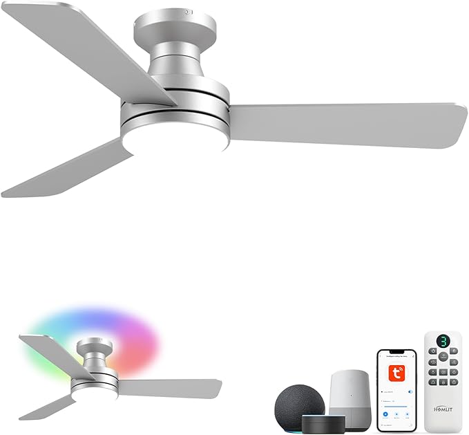 Homlit 42" RGB Ceiling Fan with Light, Music Sync Smart Fan with Alexa/Google/App Control, Low Profile Flush Mount, 6-Speed Quiet DC Motor, 4 CCT Dimmable Lighting for Bedroom Living Room, Silver