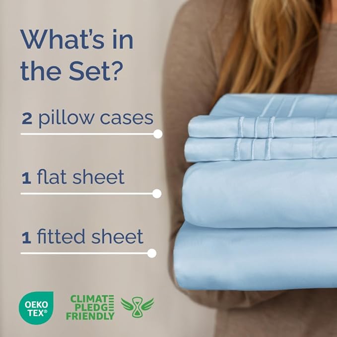 Full XL Bed Sheet Set - 4 Piece Extra Long Extended Full XL Sheets - Soft, Breathable & Cooling - Fits 8" to 16" Mattress w/ Deep Pockets - 54" x 80" - Easy-Fit, Wrinkle & Fade Resistant - Light Blue