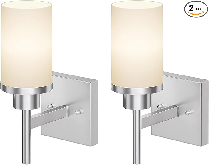 AONEON Bathroom Light Fixtures Brushed Nickel Vanity Lights with White Frosted Glass Shade, Wall Lamp for Mirror Kitchen Bedroom Porch, 2 Pack T001BR-L1-P2