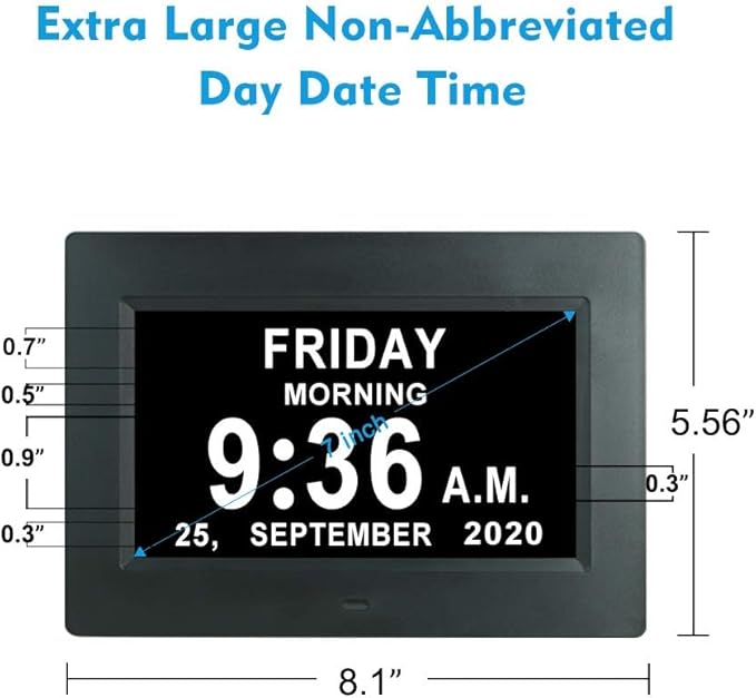 ybest 7 Inch Extra Large Day Date Time Digital Day Calendar Clock with Auto-Dimming 12 Alarm Reminders Dementia Clocks for Senior Elderly impaired Vision Memory Loss