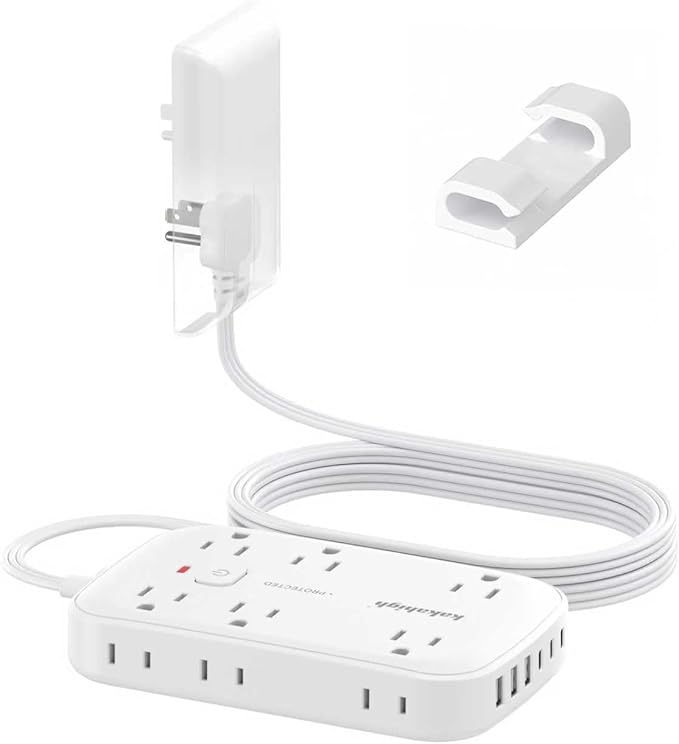 10FT Extension Cord with Outlet Cover & Multi USB, Ultra Thin Outlet Concealer with Cord & 12AC Outlet 6 USB (24W/4.8A), Charging Station for Multiple Devices, for Behind Wall Furniture Couch TV