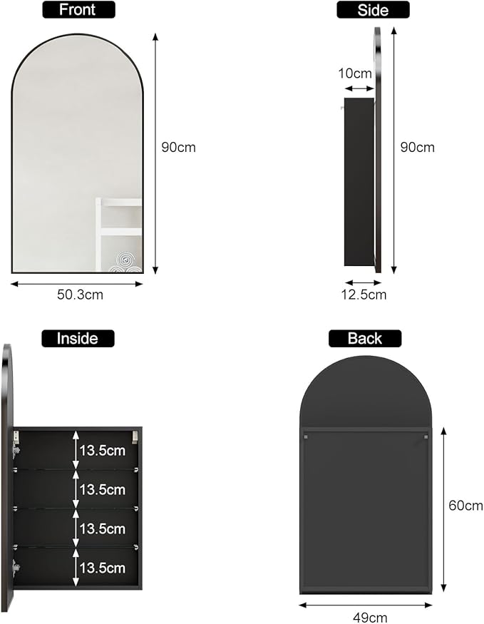 20x36 Black Arched Medicine Cabinet with Mirror, Wall Mounted Only,Arch Brushed Black Medicine Cabinet Surface Mount,Bathroom Mirror Cabinet for Bathroom