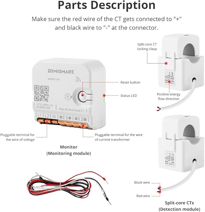 Smart Home Energy Monitor with 2 x 120A CTs, Live Electricity Usage Tracking, Bi-Directional Power Tracking, Supports Single-Phase 3-Wire System, 2.4GHz Wi-Fi (WiFi Version)