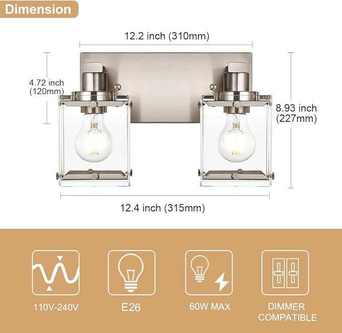 WINSHEN 2-Lights Wall Sconce Lighting E26 Bulb Base, Modern Brushed Nickel Bathroom Vanity Light for Over Mirror Bedroom Cabinet, Wall Light Fixtures with Clear Glass Shades