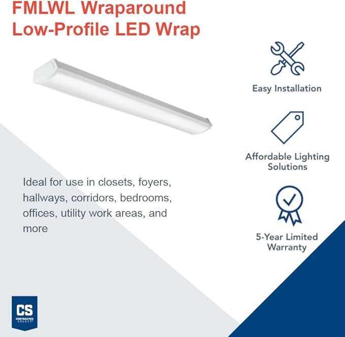 Lithonia Lighting 4 Foot LED Light Fixture, Low-Profile LED Wraparound Flush Mount Ceiling Light, 4000K Cool White, 120V, 48-Inch (FMLWL 48 840)