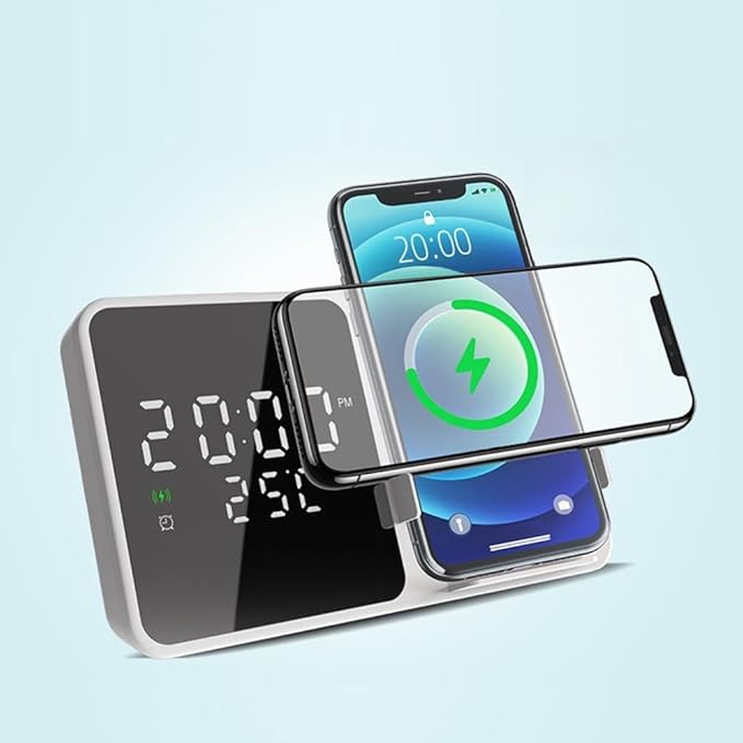 IHAO Multifunctional Alarm Clock with Wireless Charging for Phone 15W Fast Charger Large LED Display Temperature Phone Bracket for Bedside & Desk-W5 White