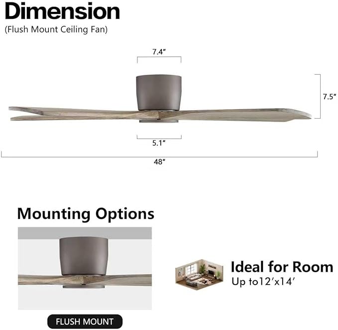WINGBO 48" Flush Mount DC Ceiling Fans without Lights, 5 Carved Solid Wood Blades, 6-Speed Reversible DC Motor, Low Profile Hugger Ceiling Fan No Light for Living Room Bedroom Patio, Graphite and Gray