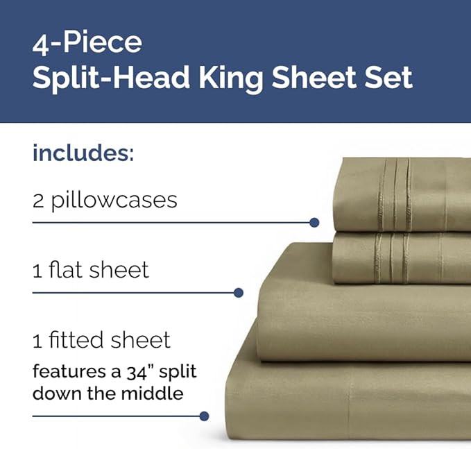 Split Head King Sheet Set – 4 Piece Flex Split Top King Sheets for Adjustable Beds - Fits 14” to 16" Mattress w/ Deep Pockets - Ultra-Soft, Breathable & Cooling - Luxury Bedding & Wrinkle Free - Khaki