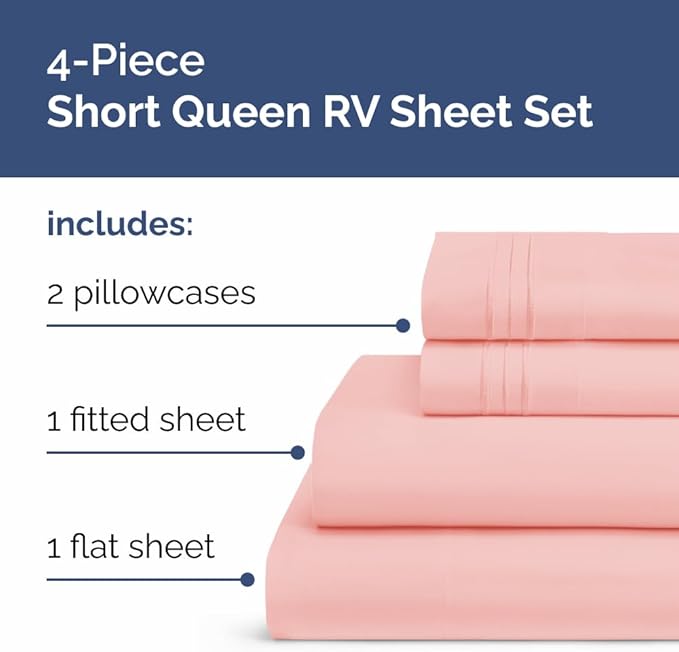 RV Short Queen Sheet Set 60 X 75 - 4 Piece RV Short Queen Bed Sheets - Soft, Breathable & Cooling - Designed for Bunks, Trailers & Campers - Fits 8” to 12" Mattress - Hotel Luxury Bedding - Baby Pink