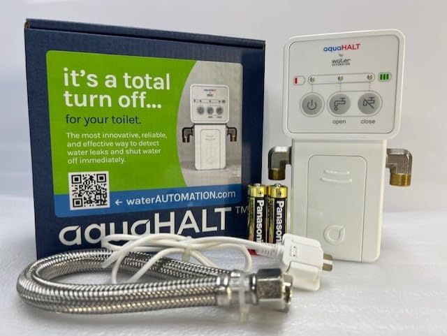 aquaHALT Smart Home Water Toilet Leak Detector Alarm and Automatic Shut Off Valve - Water Sensor Alarm Shut Off Tool - Easy Installation - Battery Operated - Protect Your Home from Water Damage
