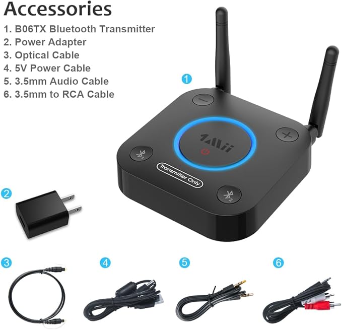 1Mii B06TX Bluetooth 5.2 Transmitter for TV to Wireless Headphone/Speaker, Bluetooth Adapter for TV w/Volume Control, AUX/RCA/Optical/Coaxial Audio Inputs, Plug n Play, aptX Low Latency & HD