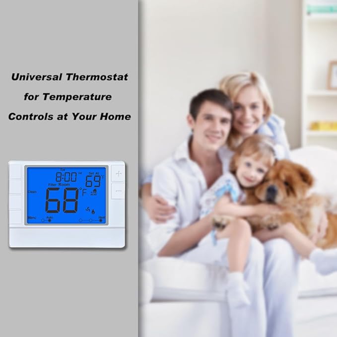 Thermostat for Home, Premium Heat Pump Room Temperature Controller, up to 2H/1C, Easy-to-Read Large Display，Blue Backlight