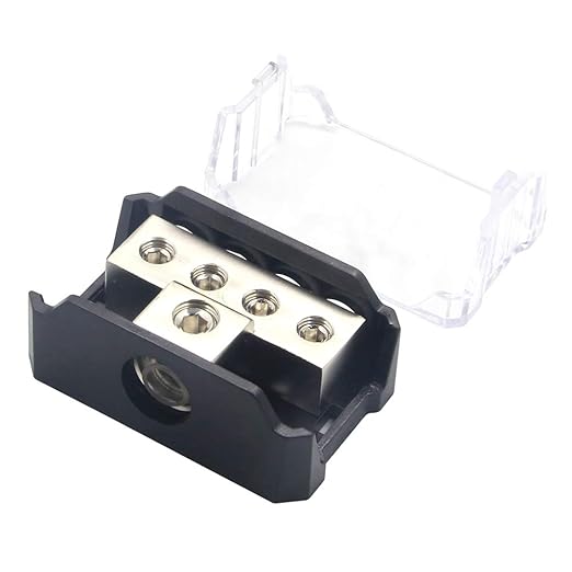 RKURCK 4 Way Power Distribution Block, 0/2/4 AWG Gauge in, 4/8/10 Gauge Out, Car Audio Stereo Amp Distribution Connecting Block for Audio Splitter (1 in 4 Out)