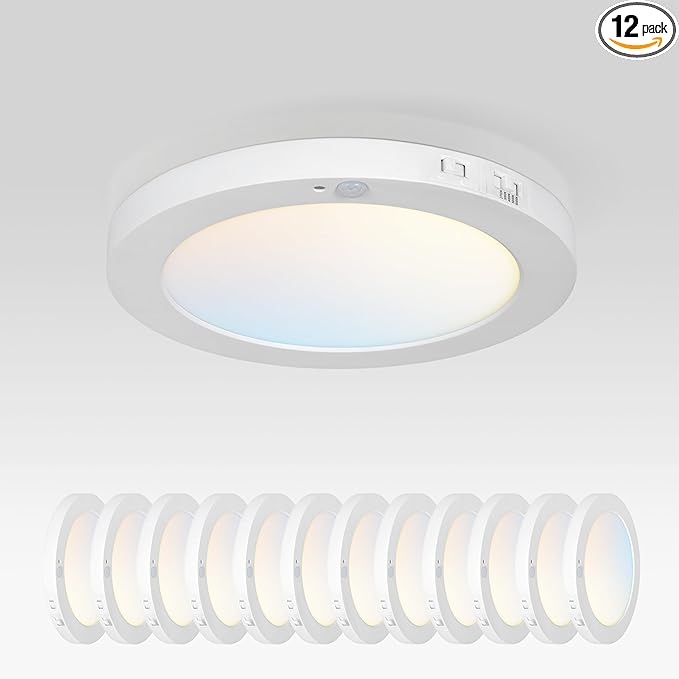 ASD LED 9" Round Flush Mount Ceiling Light Fixture, Low Profile Surface Lighting | 5CCT, Motion Sensored, Ultra-Thin, ETL Listed | 15W 1300LM 2700-6000K 120V | Kitchen, Hallway Lamp | White, 12 Pack