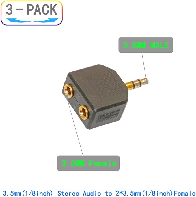 ZJKJHJY 3.5mm Audio Splitter Adapter, 1/8 inch Male to 2X Female Y-Connector, 3-Pack
