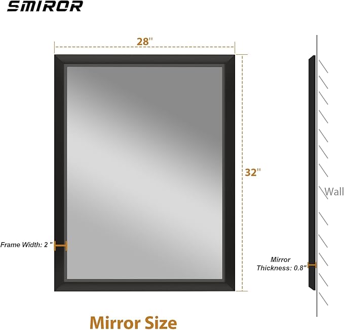 SMIROR Matte Black Bathroom Mirror for Over Sink 28x 32 inch, Metal Thick Frame Rectangle Vanity Mirror for Wall, Anti-Rust, Horizontally or Vertically Mounted