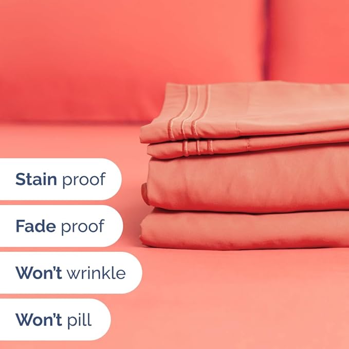 Split Head King Sheet Set – 4 Piece Flex Split Top King Sheets for Adjustable Beds - Fits 14” to 16" Mattress w/ Deep Pockets - Ultra-Soft, Breathable & Cooling - Luxury Bedding & Wrinkle Free - Coral