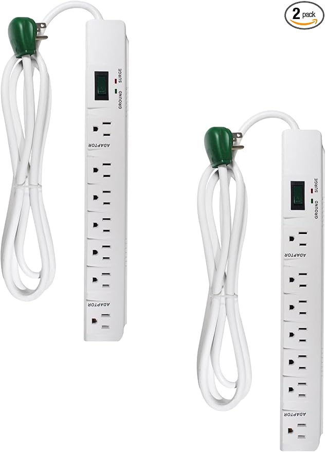 GoGreen Power Inc. (G-17636-2) 7 Outlet Surge Protector, 6FT Cord, White, 2 Pack