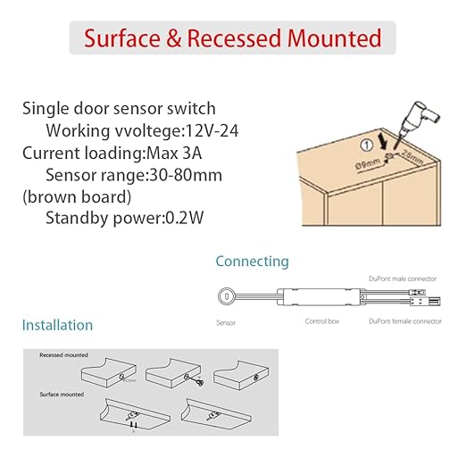 Motion Sensor Light Switch, IR Sensor Switch Door Activated Light Switch for Closet Light LED Strip Light and Under Cabinet Light with 12V JST Male and Female Connector (DC 12/24V 3A)