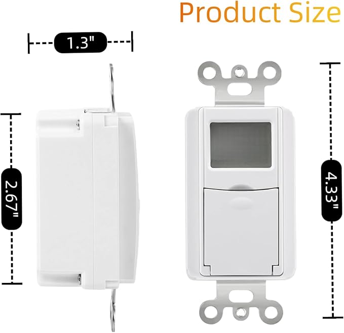 in Wall Digital Timer Switch, Indoor 7 Day Light Switch timers, 125V,15A Programmable Switch Timer for Lights, Fans, Motors, Neutral Wire Required, 7 ON/Off Settings,ETL Listed