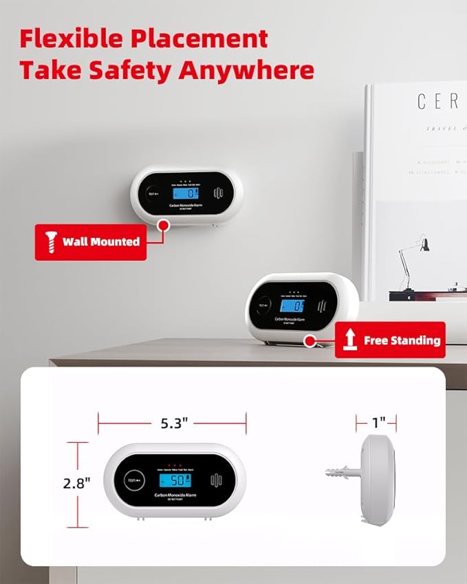 KIMROG 10-Year Battery Carbon Monoxide Detector, Portable Travel CO Detector Alarm for Home, Garage, RV, Camping, LCD Display with Backlight, V-0 Flame-Retardant Housing, Wall Mount or Tabletop