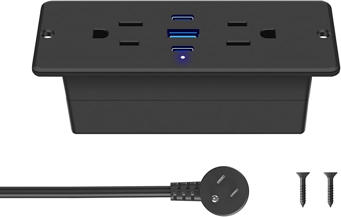 CCCEI Recessed Power Strip with Outlet and 65W USB C Ports, Furniture Flush Mount Power Strip, Small Desk Hidden Outlet for Conference Table, Nightstand, Black, 6FT.