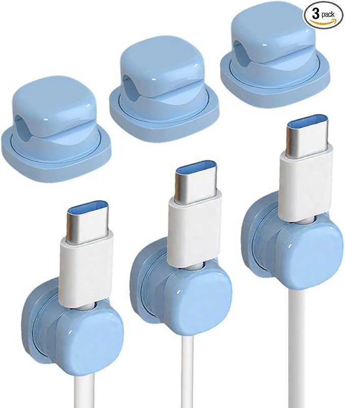 Magnetic Cord Organizer Holder, Upgrade Cord Holder for Nightstand, Adhesive Wire Cable Clips Management Kit for Phone Charger, Computer, Home, Office, Desk, Nightstand (Blue, 3 Packs)