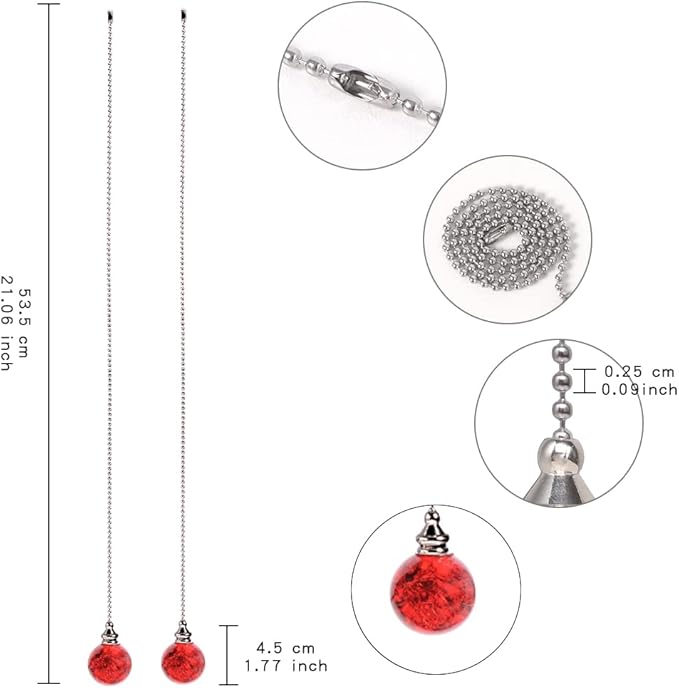 2PCS Red Pull Chain Crystal Glass Ice Cracked Ball Pull Chain for Ceiling Fan Light Decoration 50cm Extension Chain