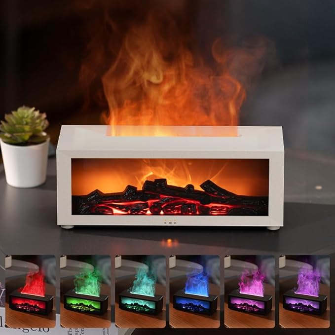 Essential Oil Diffuser, Fireplace Flame Oil Diffuser - Aromatherapy Aroma Humidifier, Upgrade 7 Flame Colors Noiseless 150ml Remote Control - Perfect for Bedroom Home Office (Fireplace White)