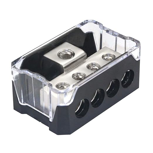 RKURCK 4 Way Power Distribution Block, 0/2/4 AWG Gauge in, 4/8/10 Gauge Out, Car Audio Stereo Amp Distribution Connecting Block for Audio Splitter (1 in 4 Out)