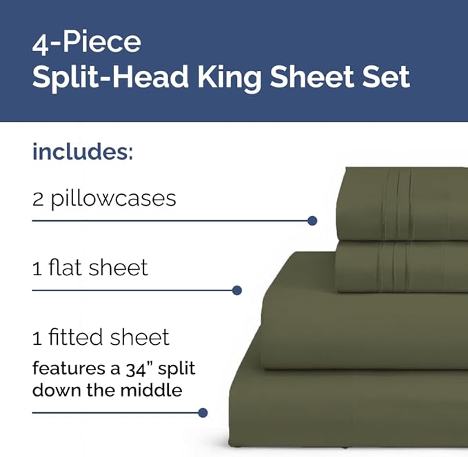 Split Head King Sheet Set – 4 Piece Flex Split Top King Sheets for Adjustable Beds - Fits 14” to 16" Mattress w/ Deep Pockets - Soft, Breathable & Cooling - Luxury Bedding & Wrinkle Free - Sage Green