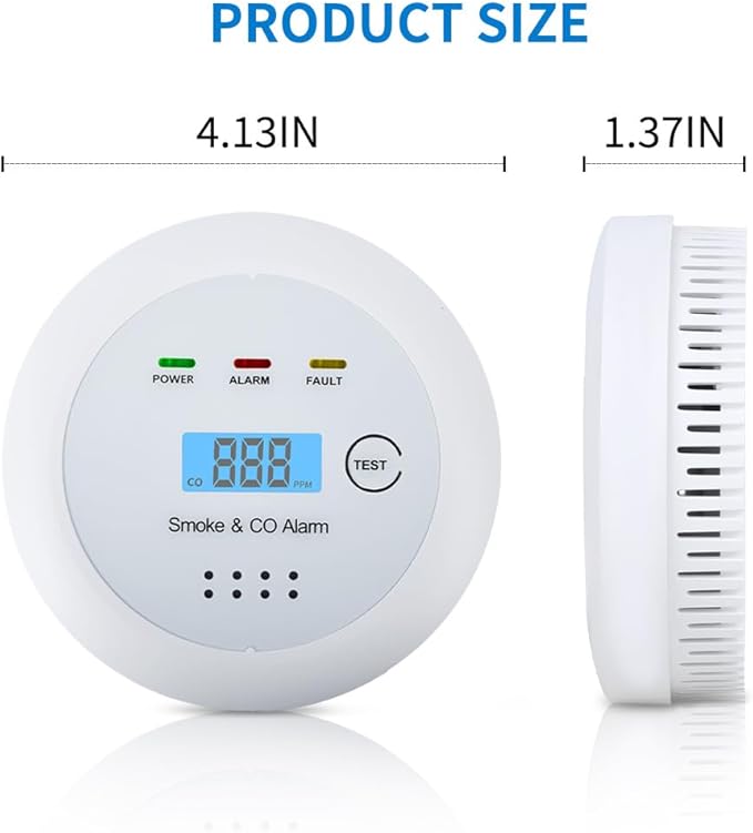 2 in1 Smoke Detector Carbon Monoxide Detector Combo,with LCD Digital Display and Sound Warning Test Button，Battery Powered，Easy Installation, for Home, Bedroom, Kitchen(2PACKS)