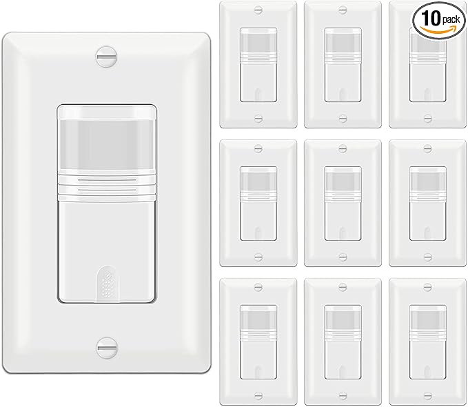 BESTTEN 10 Pack Motion Sensor Light Switch, Single Pole PIR Sensor Wall Switch, Occupancy & Vacancy Modes, 120V/277VAC, 60Hz, 1/6HP, Neutral Wire Required, Wall Plate Included, UL Listed, White