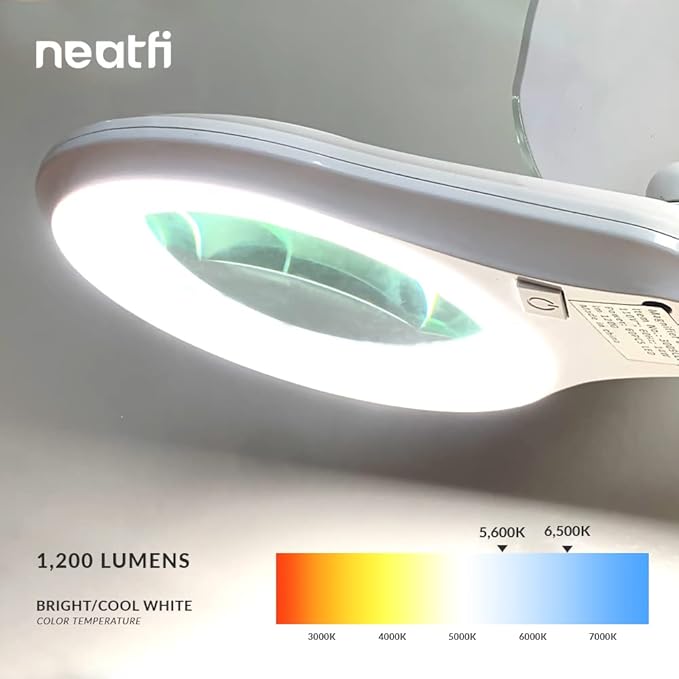 Neatfi (New Model) Bifocals 1,200 Lumens LED Magnifying Floor Lamp with Rolling Base, 5 Diopter with 20 Diopter, Dimmable, Adjustable Arm (5 Inches, White)