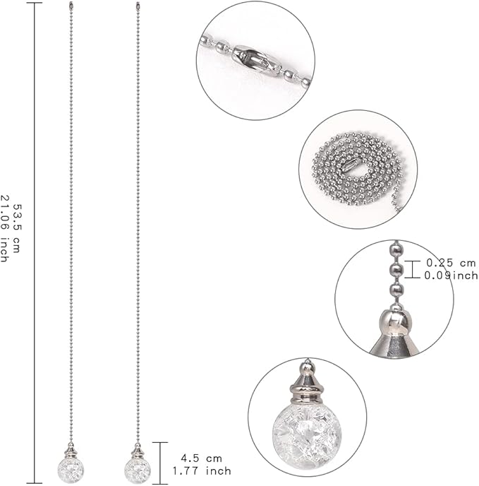 LONGSHENG - SINCE 2001 - 2PCS White Pull Chains Crystal Glass Ice Cracked Ball Pull Chain for Ceiling Fan Light Decoration 50cm Extension Chain