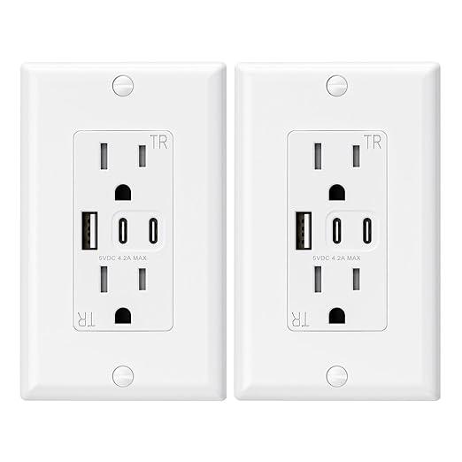 ELEGRP USB Outlets, 15 Amp Wall Outlet with 3 USB Ports, Dual USB C Ports Outlets, TR Tamper-Resistant USB Outlets Receptacles, Wall Plate Included, UL/CUL Listed, 2 Pack, White