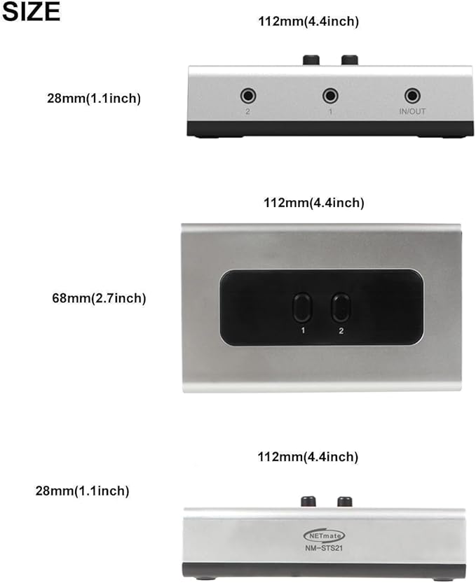 NETMATE 3-Port 3.5mm Stereo Audio Switch, 3.5mm+RCA Audio Switcher 2 Input 1 Output/Audio Splitter Bidirectional Audio Switch with Volume Control Switch Knob for Speaker Headphone