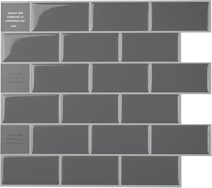 SMART TILES Peel and Stick Backsplash - 10 Sheets of 10.95" x 9.70" - 3D Adhesive Peel and Stick Tile Backsplash for Kitchen, Bathroom, Wall Tile, Subway Grigio