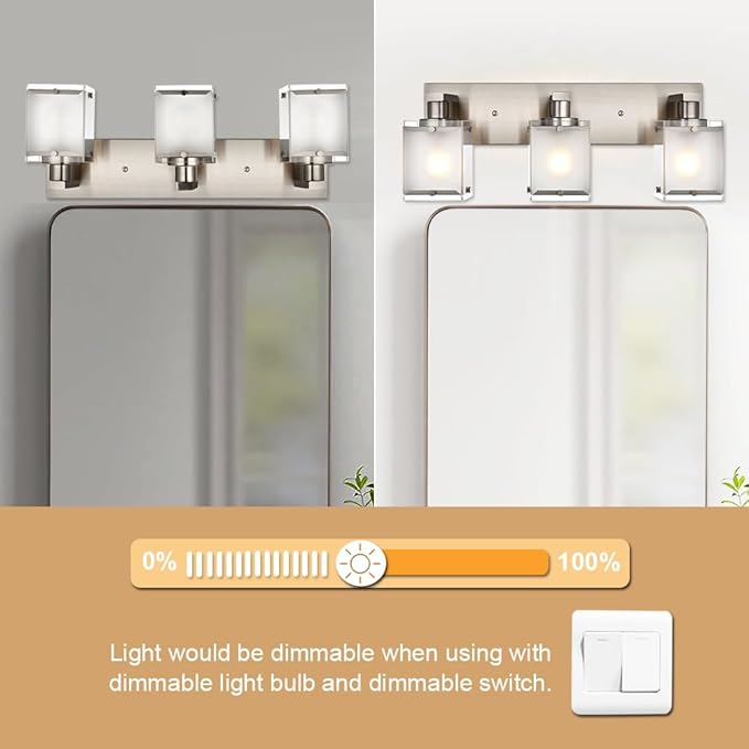 WINSHEN Modern 3-Lights Brushed Nickel Vanity Lights, Bathroom Light Fixture Over Mirror Wall Lighting Sconces with Frosted Glass Shades, E26 Bulb Base