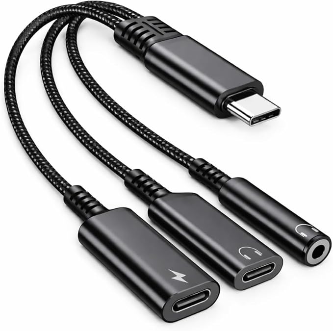 Mizi USB-C Headphone and Charging Adapter 3-in-1 – Type-C to 3.5mm Audio Jack + USB-C PD Charging + Type-C Audio Splitter, Compatible with iPhone, iPad, Samsung Galaxy, Pixel, and More – Black