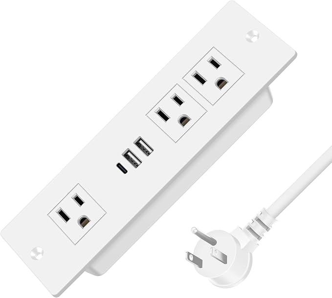 HEZI Recessed Power Strip, Furniture Drawer Outlet with 20W PD USB-C & 18W QC3.0 USB-A, Plug in 3 Outlets & USB Ports, Flush Mount 6FT White Extension Cord Conference Desk Outlets