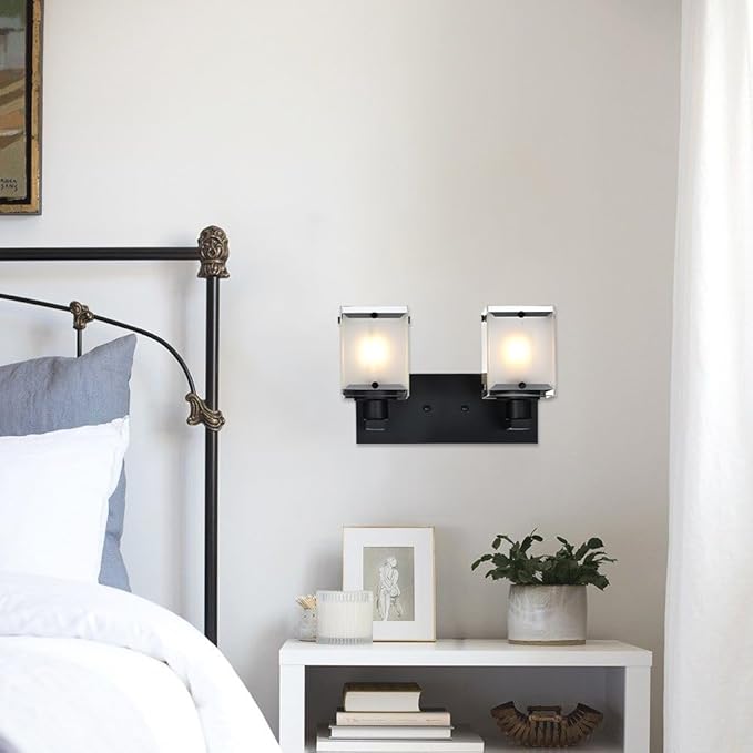 WINSHEN Black Wall Sconce Lighting, 2-Light Bathroom Vanity Light Fixture Wall Mount Lamp Over Mirror for Bedroom Bedside Studty Living Room, Rectangular Frosted Glass Shade