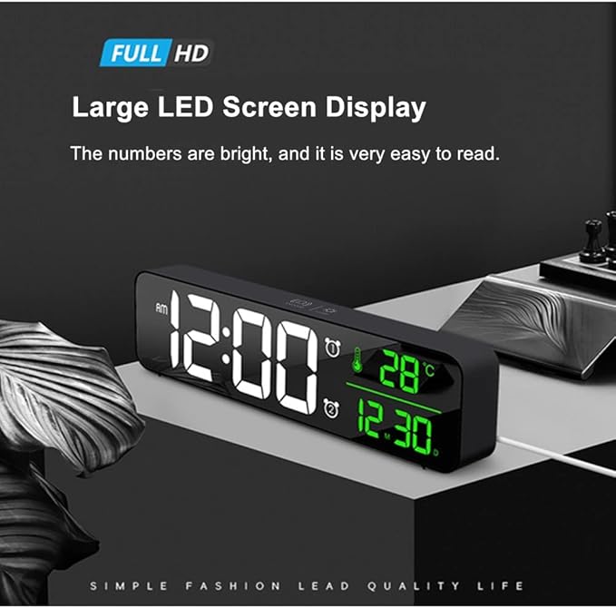 Digital Clock Large Display, Alarm Clock for Living Room Office Bedroom Decor, LED Corded Electric, Date Temp Display Wall Clock, Automatic Brightness Dimmer Smart Cool Modern Desk Accessories Black