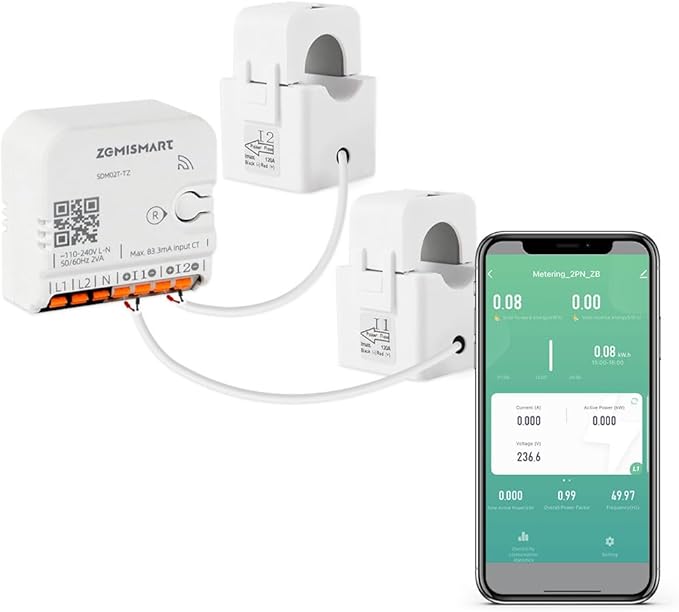 Smart Home Energy Monitor with 2 x 120A CTs, Live Electricity Usage Tracking, Supports Single-Phase 3-Wire System, Works with Home Assistant & Zigbee2MQTT (Zigbee Version)