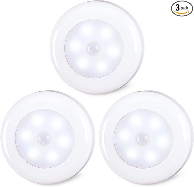 STAR-SPANGLED 3 Pack 2.8” Motion Sensor Lights Indoor AAA Battery Operated, Stick on LED Puck Light for Stairs, Under Cabinet, Closet, Cool White