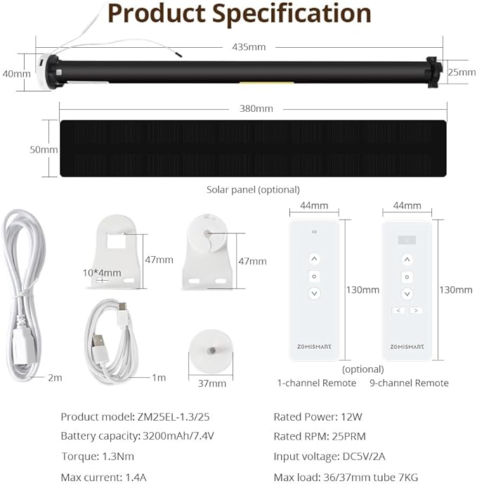 Blindsmart Rechargeable Tuya Zigbee Roller Blinds Motor for 38mm Tube, Motorized Window Shades Automatic Blinds Curtain Opener APP Control, Zigbee Hub Required (Only Motor + Solar Pannel)