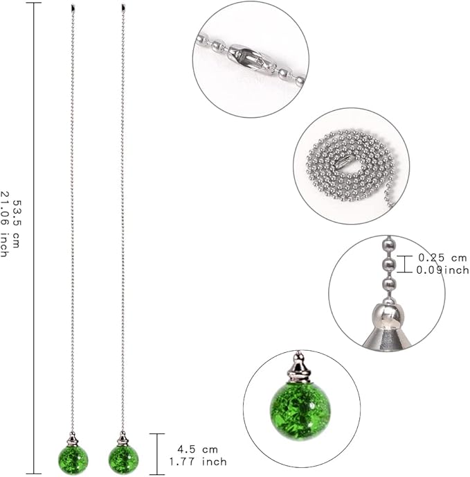2PCS Green Pull Chain Crystal Glass Ice Cracked Ball Pull Chain for Ceiling Fan Light Decoration 50cm Extension Chain